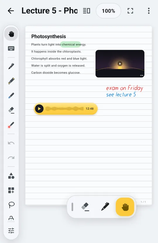 An audio recording and a video placed on a page