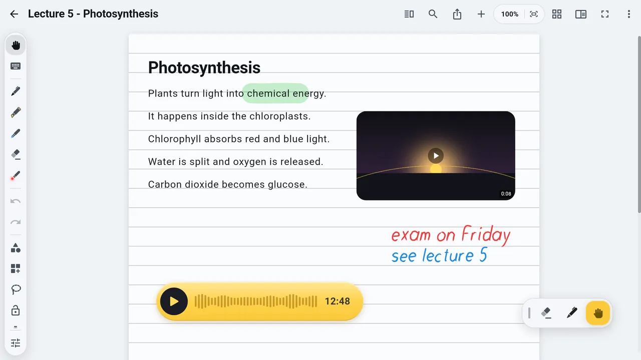 A video and an audio recording next to typed lines