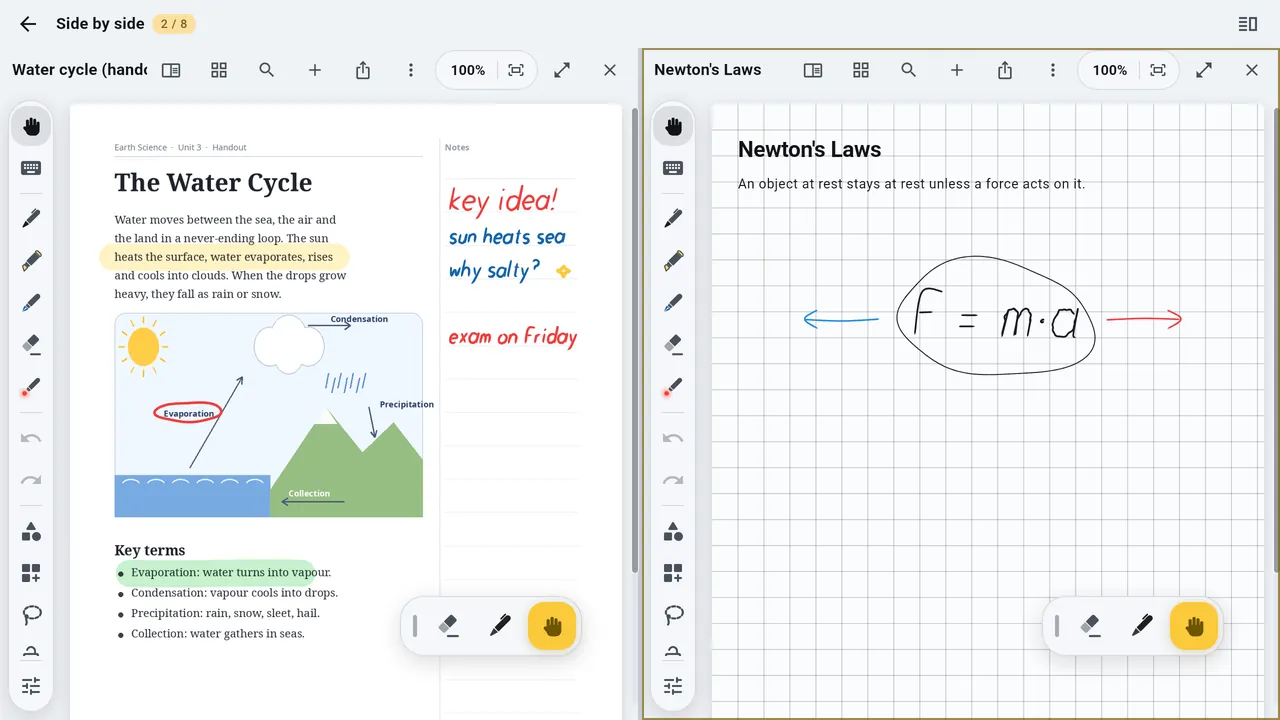 Two notes side by side in split view